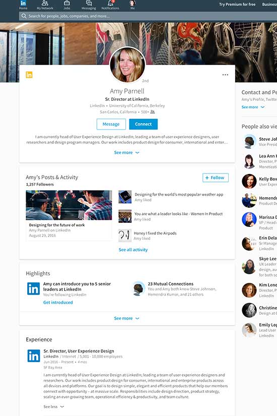 Muestra de la nueva actualización del perfil de LinkdIn./ Foto: cortesía